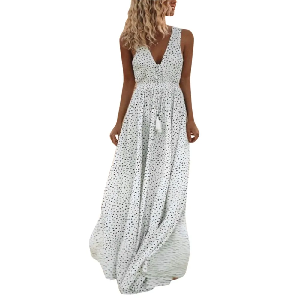 Women Dress Summer Sleeveless Dot Print Tassels Deep V Neck Long Beach Maxi Dress#30 | Женская одежда
