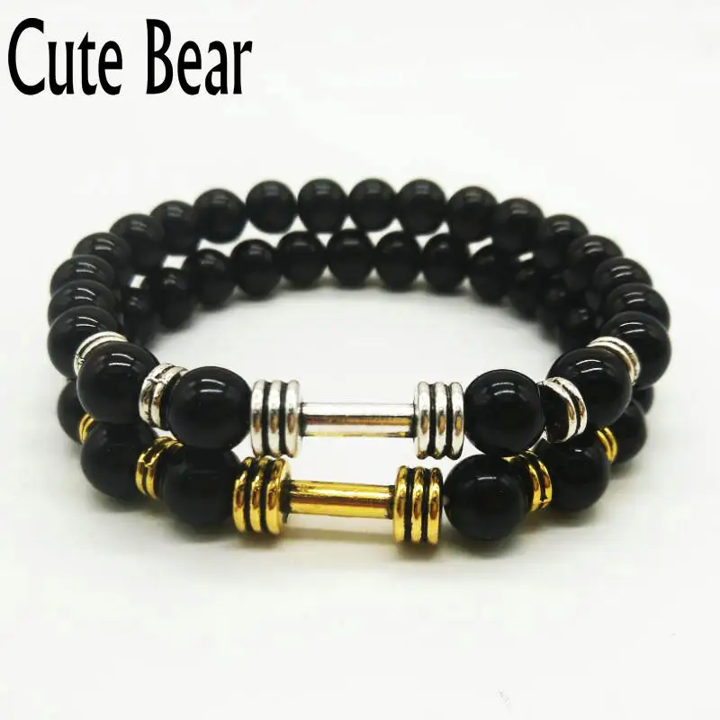 Милый медведь 8 мм Черный Оникс Камень браслет старинное серебро Металл штангой