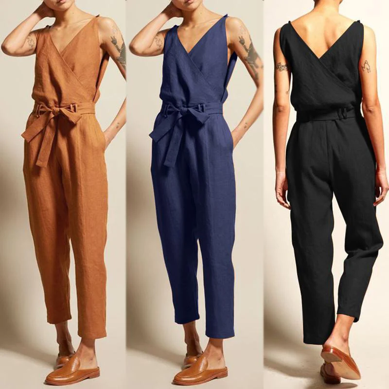 

Women's Cotton Line Jumpsuit V-Neck Sleeveless Sashes Rompers Sexy Ankle-length Solid Plus Size 5XL 2021 Summer Women Jumpsuits