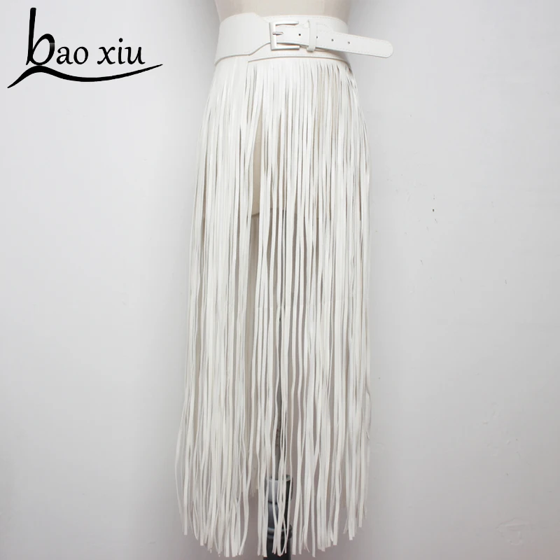 Sexy long fringe leather belts Black Designer ceinture femme Punk Silver Pin Buckle Plus size Tassel Belt Corset Straps women