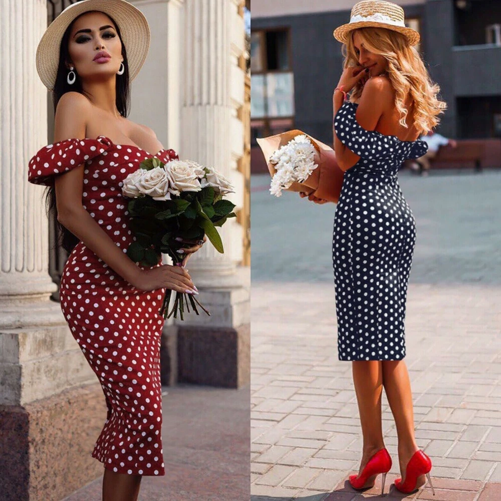 

Sexy Vintage Women Off Shoulder Boho Short Sleeve Ruffles Polka Dot Bodycon Dress Formal Evening Party Midi Sheath Dresses