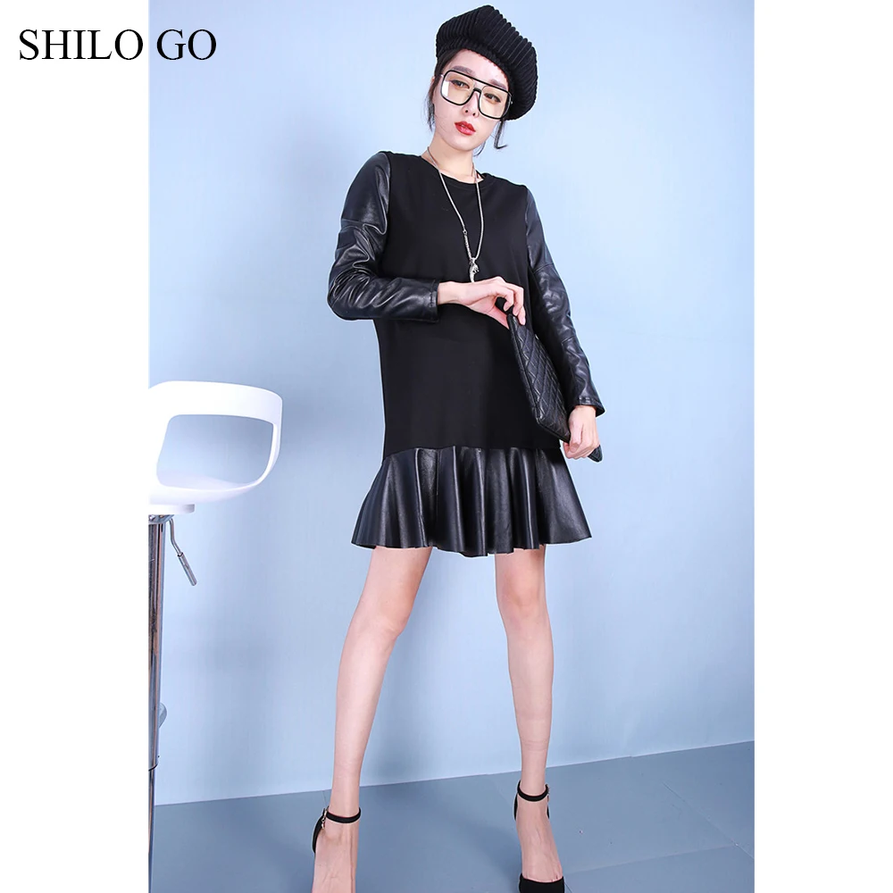 Женское кожаное платье из овчины весеннее модное натуральной кожи с круглым