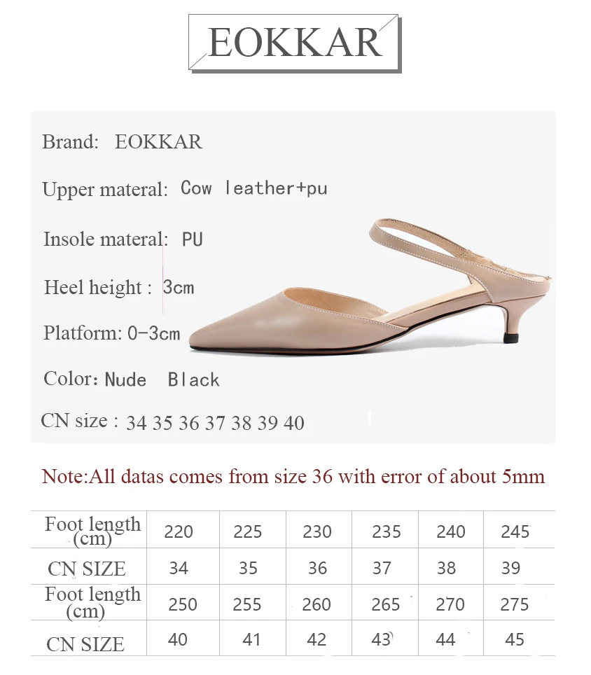

Eokkar 2019 Cow Leather Women Mules Pumps Pointed Toe Low Heel Summer Shoes Slip On Thin Heels Pumps Black Dress Shoe Size 34-39