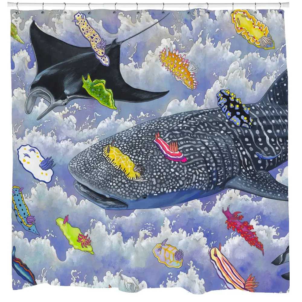 

Sharp Shirter Whale Shark Fish Shower Curtain Set Japanese Decor Beach Theme Blue Waterproof Fabric Hooks Included