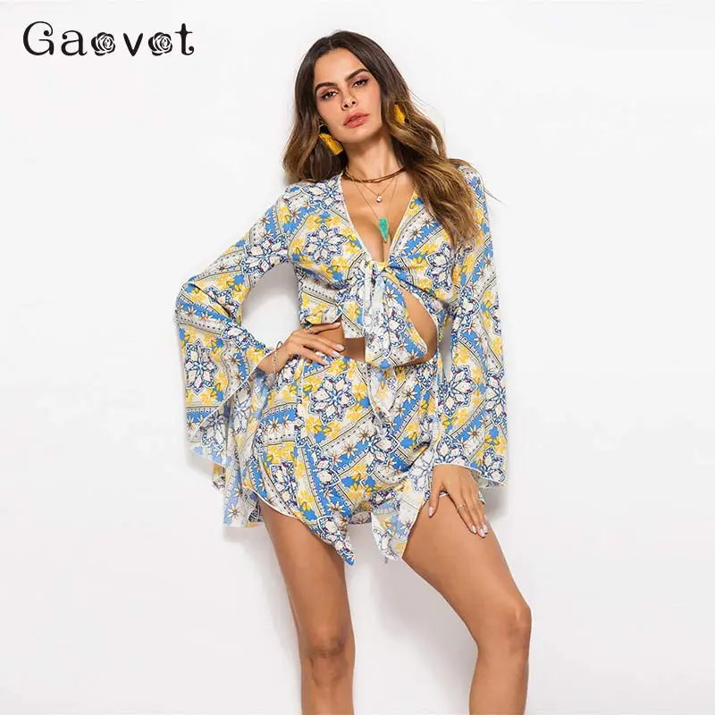 Gaovot Boho Print пляжные Летние Комбинезоны женские длинные расклешенные рукава мини