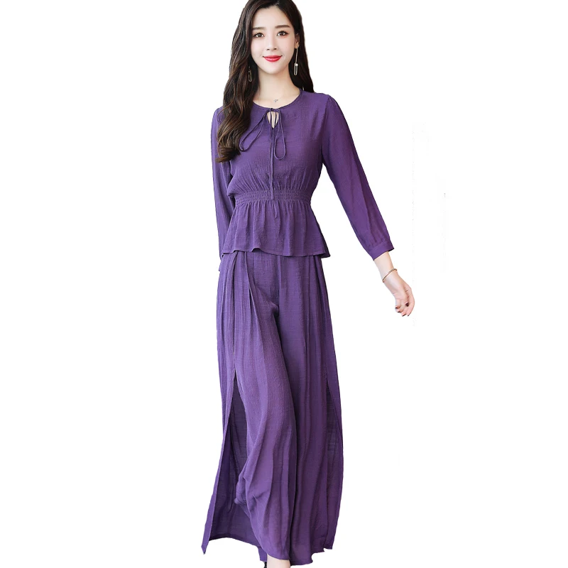 

new fashion suits autumn wear women's clothing set purple blouse & wide-legged pants two-piece outfit leisure vestido size M-3XL