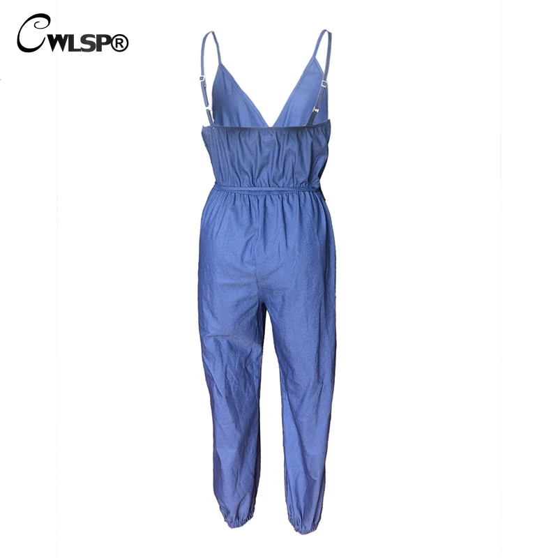 

CWLSP 2018 Sexy Summer Womens Jeans Jumpsuit Spaghetti Strap Denim Lace Up Wrap Backless Jumpsuits For Club Wear QZ2716