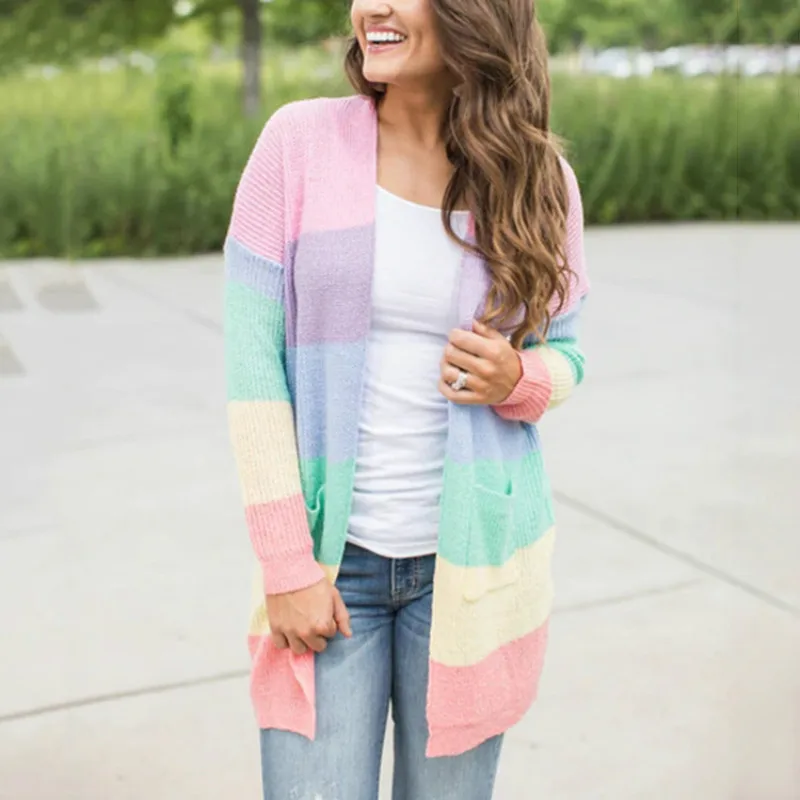 Colour Rainbow Striped Knitted Cardigan Women For Autumn 2020 Winter Long Sleeve Tops Designer Sweater |