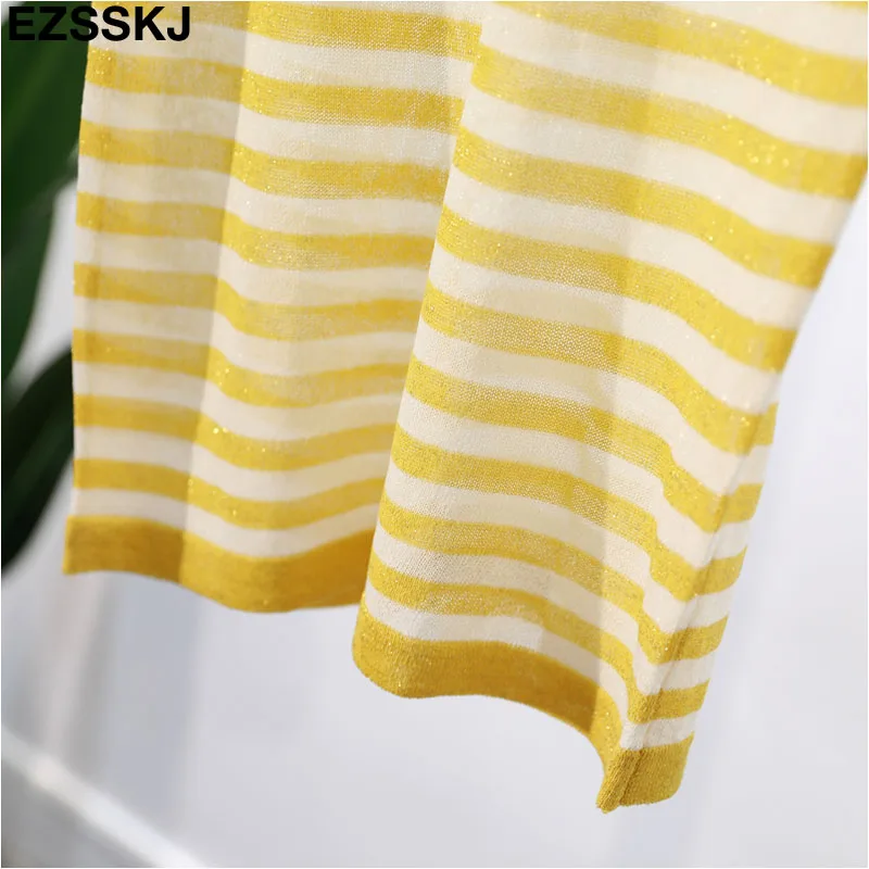 thin summer striped knit t-shirt Women short sleeve T-Shirt bling O-neck cool Glitter Basic t-shirt sexy shiny top