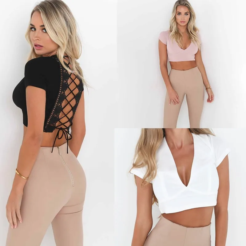 

White Lace Tops Women Summer T-shirt Beach Backless T shirt Sexy Hollow Out Lace up Bandage V-neck Crop Tops Tee Shirt Femme