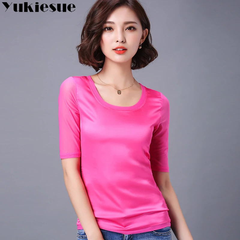 Женская футболка camisetas mujer 2018 летний топ с рукавом до локтя повседневная шелковая