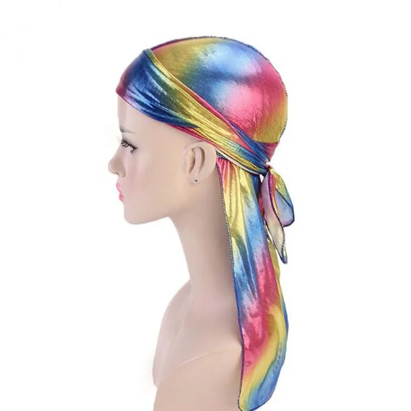 

XEONGKVI 2019 New Laser Emulation Silk Long Tail Pirate Hat Spring Summer Brand Durag Wrap Hat For Women Girl Skullies Beanies