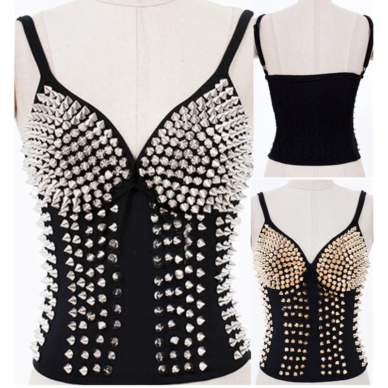 

Quality Women Fashion Sexy Lingeries Glitter Rivet Black Club Punk Dance Bra Top waist trainer corset Gothic Gold corsets