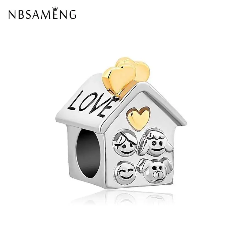 2018 Original Silver Plated Beads Charm Sweet Family With Golden Heart Charms Fit Bracelets Women Diy Jewelry | Украшения и