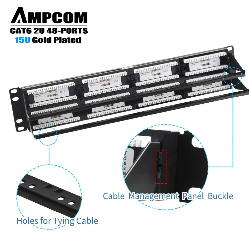 AMPCOM Premium Series CAT6 Patch Panel,15U Gold Plated, 2U 48-Port Rackmount or Wallmount Punch Down Patch Panel