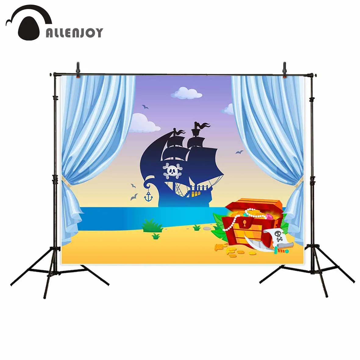 Allenjoy pirate ship background blue curtains treasure beach seaside children party backdrop fund photo booth for the | Электроника