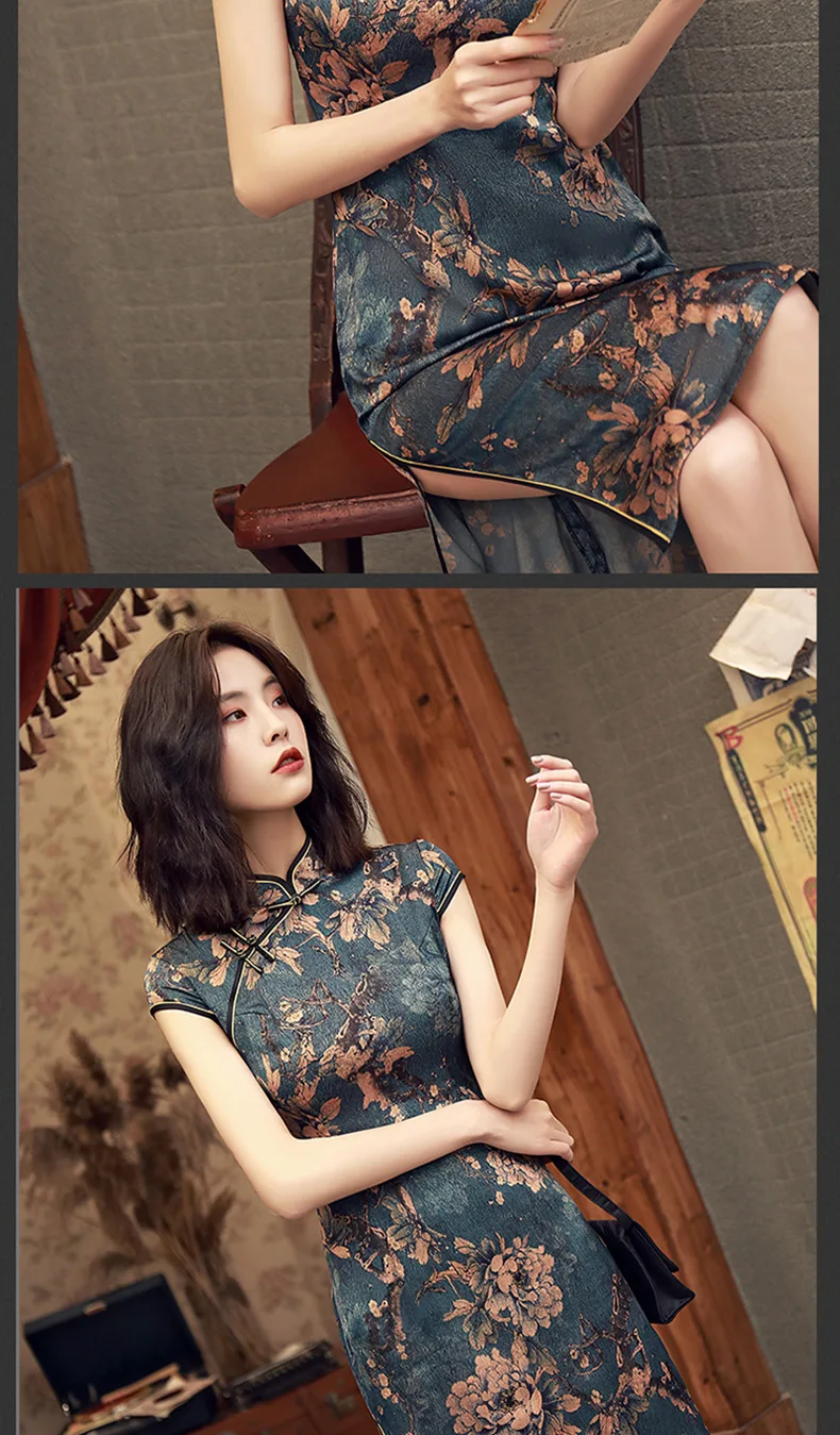 Элегантное тонкое китайское свадебное платье Qipao с цветами в Восточном Шанхае Женские винтажные вечерние платья Cheongsam миди традиционные платья xxxl