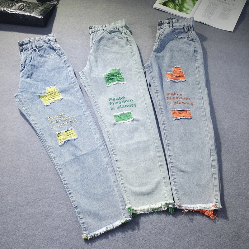 Новые хлопковые женские джинсы 2019 винтажные с вышивкой свободные штаны дырками
