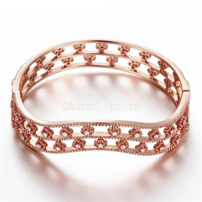 Womens Bracelets Rose Gold/Gold Color Cubic Zirconia for Woman Fashion Jewelry Wide Hollow Bangles Pulseira Female | Украшения и