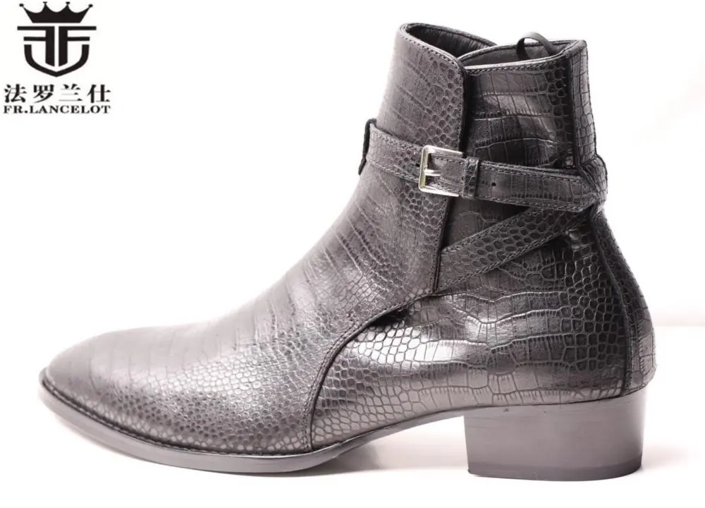 

FR.LANCELOT 2020 men dress boots men snakeskin print leather boots buckle ankle booties party shoes med heel men boots