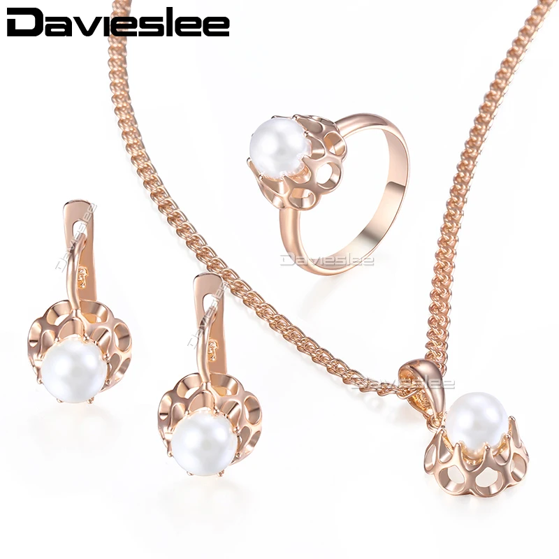 

Davieslee Jewelry Set Stud Earring Ring Pendent Necklace For Women Simulated Pearl Bead Ball 585 Rose Gold Color GE142