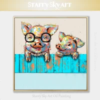 professional artist hand painted high quality pop wall art 2 pigs oil painting on canvas funny cute pigs oil painting for decor