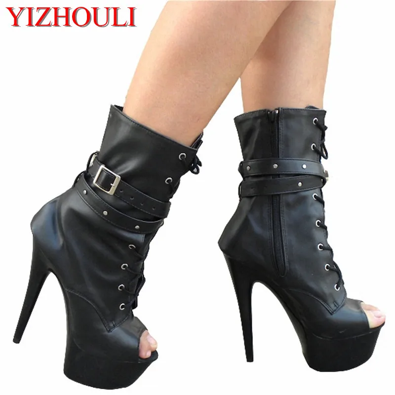 

Ultra thin heels boots sexy peep toe women's shoes 15cm fashion magazine boots black Fetish High Heel Shoes 6 inch ankle boots