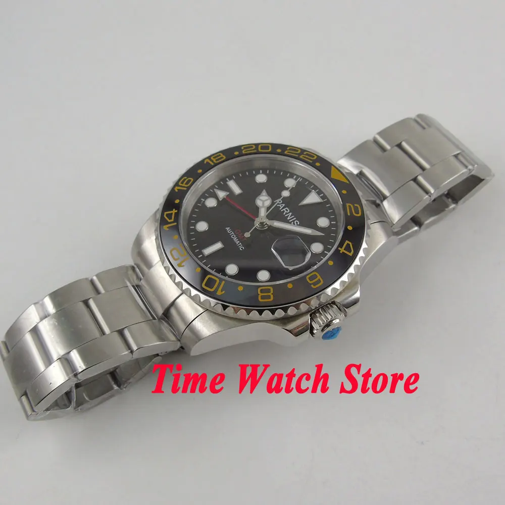 Мужские автоматические часы Parnis GMT 3804 40 мм черный циферблат сапфировое стекло