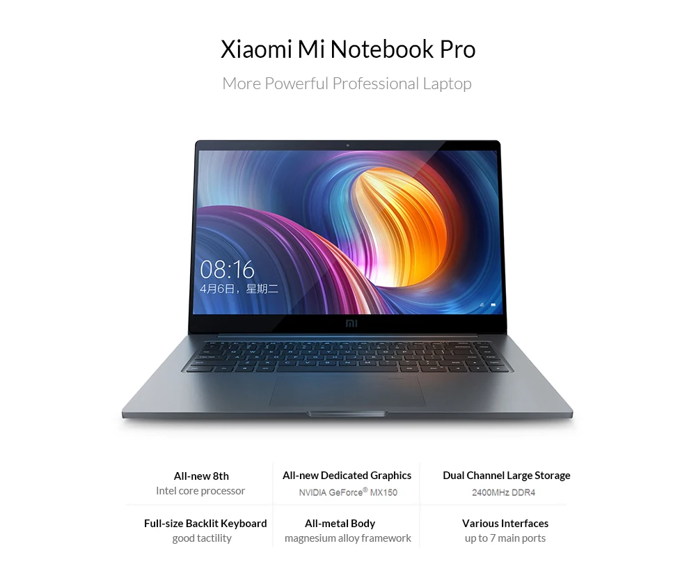 Xiaomi Mi Тетрадь Pro 15 6 ''Win10 Intel Core 16 ГБ Оперативная память 256 SSD I7-8550U NVIDIA GeForce MX150 5 0