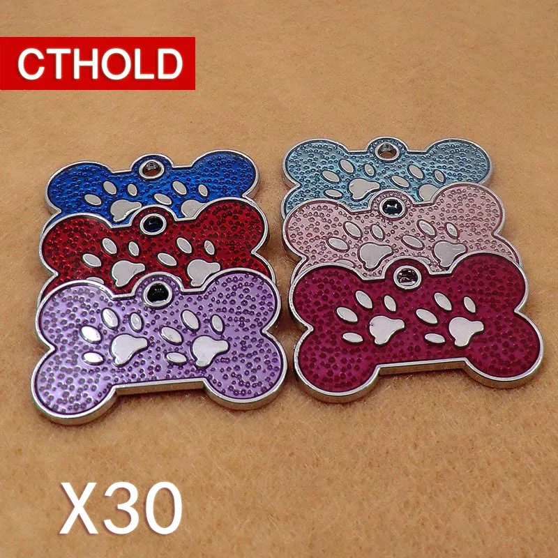 

CTHOLD 30 pcs/lot Glitter Stainless Steel Personalized Dog ID Tag Customized Engraved Cat Pet Tags Kitten Name Phone No.address