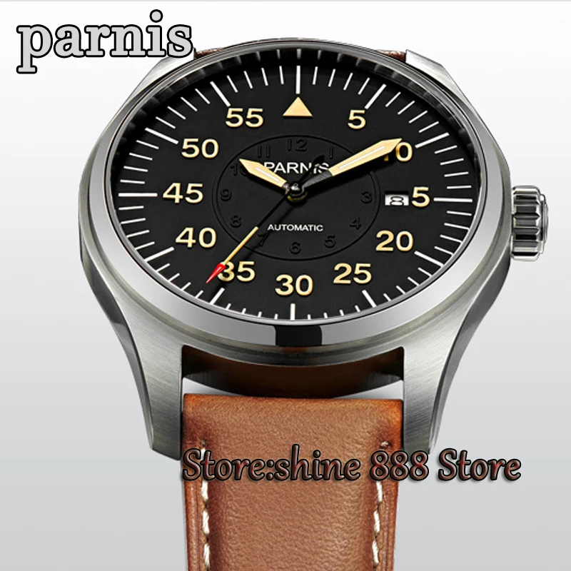 

New 44mm Parnis Watch Men Automatic Mechanical Wristwatch Stainless Steel Case Black Dial Luminous Number Military Men's Watch