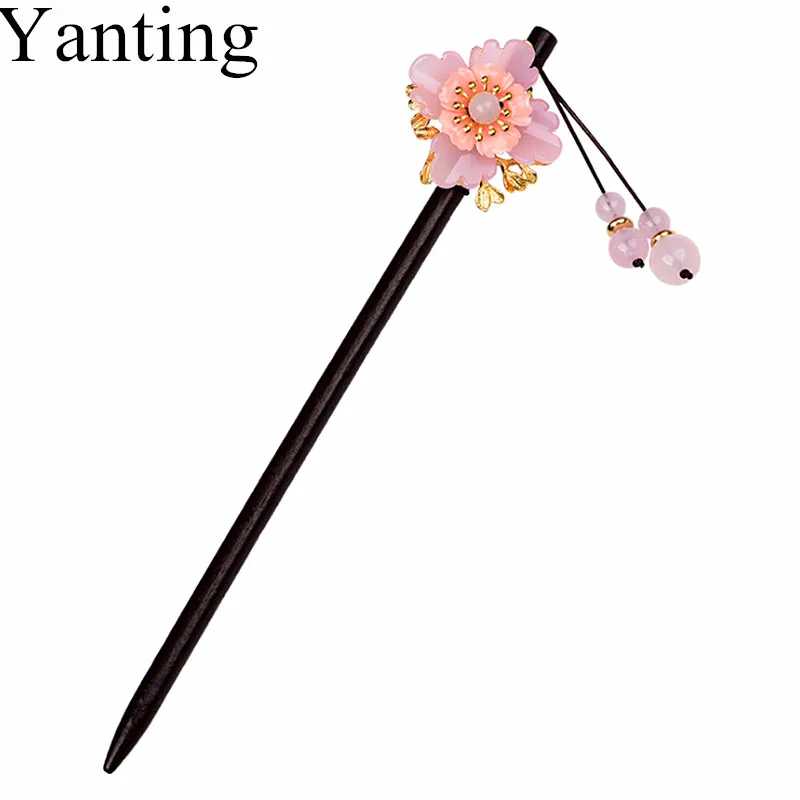 Yanting Romantic Pink Flower Hair Stick Wood Hair Accessories For Women Sweet Hairpins Head Jewelry Gift For Girls Women 0145