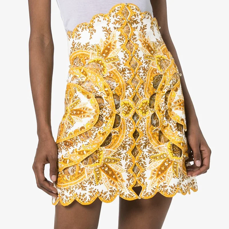 Женская высокая талия юбка с дырками Винтажный стиль цветочный принт заклепки