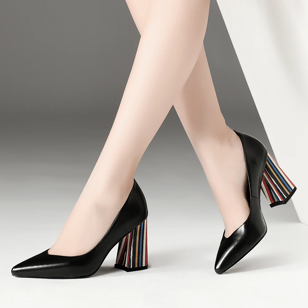 

Meotina High Heels Women Glove Shoes Natural Genuine Leather Block Heels Office Lady Shoes Cow Leather Super High Heel Pumps 39