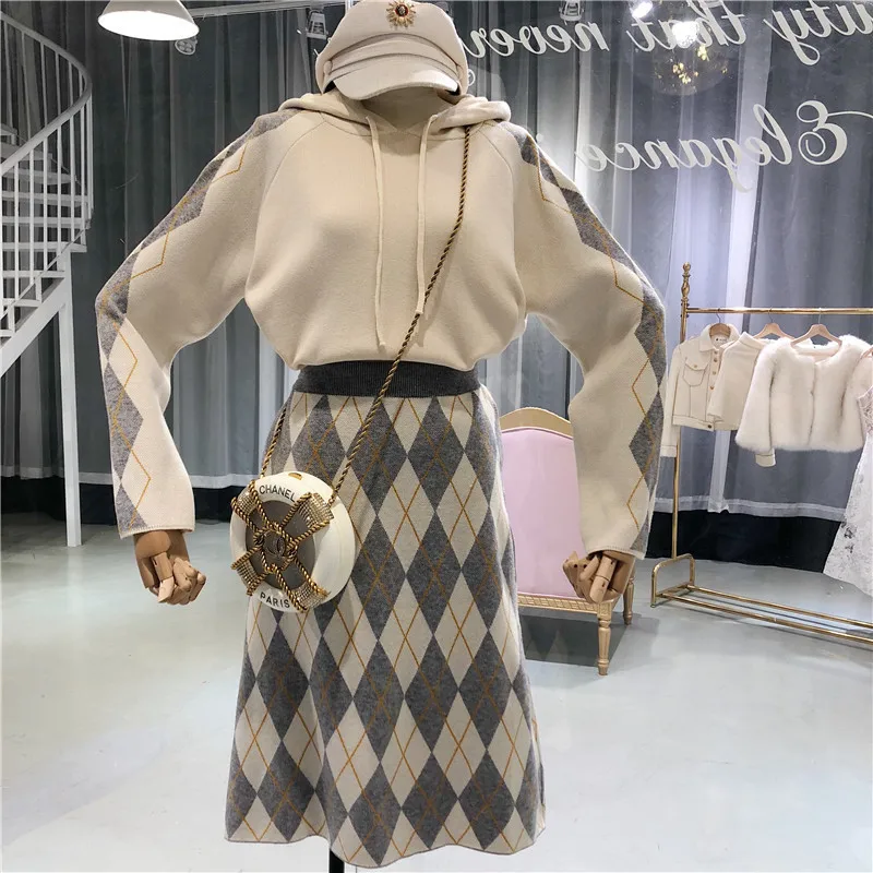 Осень зима 2019 Женский комплект 2 шт. с длинным рукавом клетчатый вязаный свитер
