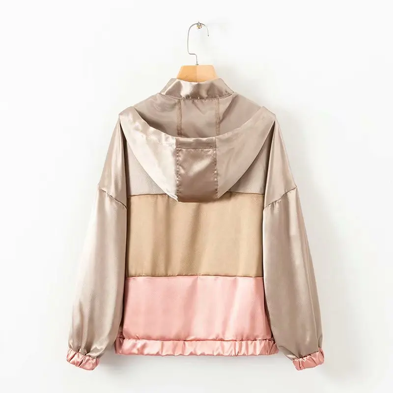 Elegant patchwork hooded loose jacket oversized pockets Drawstring tie coat ladies outerwear casual chic tops | Женская одежда