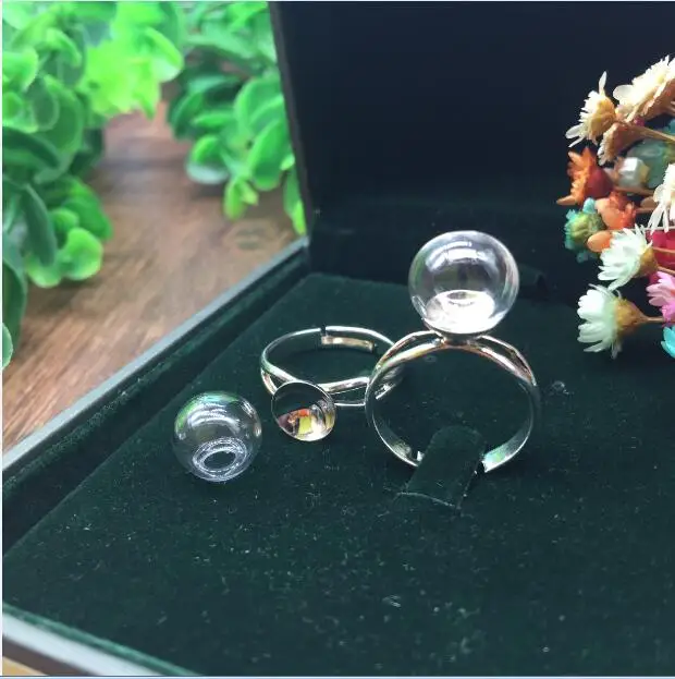 

50sets/lot 10*3mm ball glass globe with silver/bronze/gold ring findings set glass bottle vial ring handmade jewelry charms ring