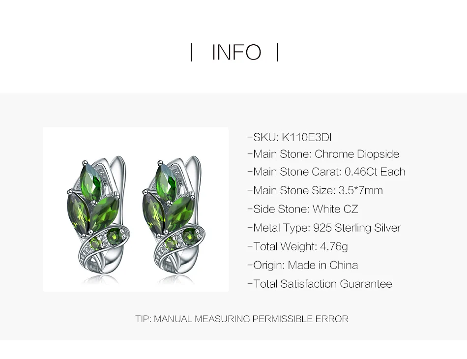 Gem балетки 3.11Ct натуральный хром диопсид лист серьги-гвоздики 925 пробы Серебряные Серьги с драгоценными камнями для Для женщин, хорошее ювелирное изделие