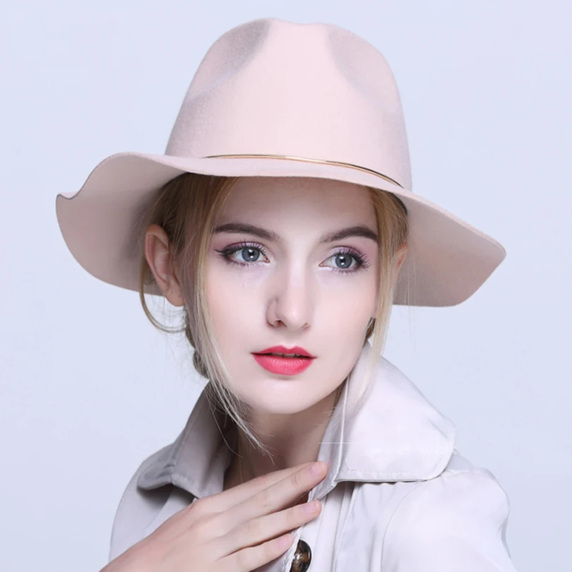 

High-grade light color fastens pure wool hat fashion women fedoras jazz cap metal ring encryption wool hat free shipping