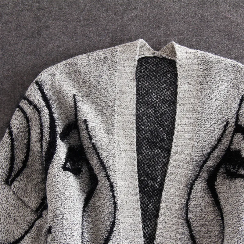 

New European Heat Sell Autumn Women Knitted Sweater Cardigan Fashion Bat Sleeves Print Long Section Loose Casual Coat OKXGNZ 803