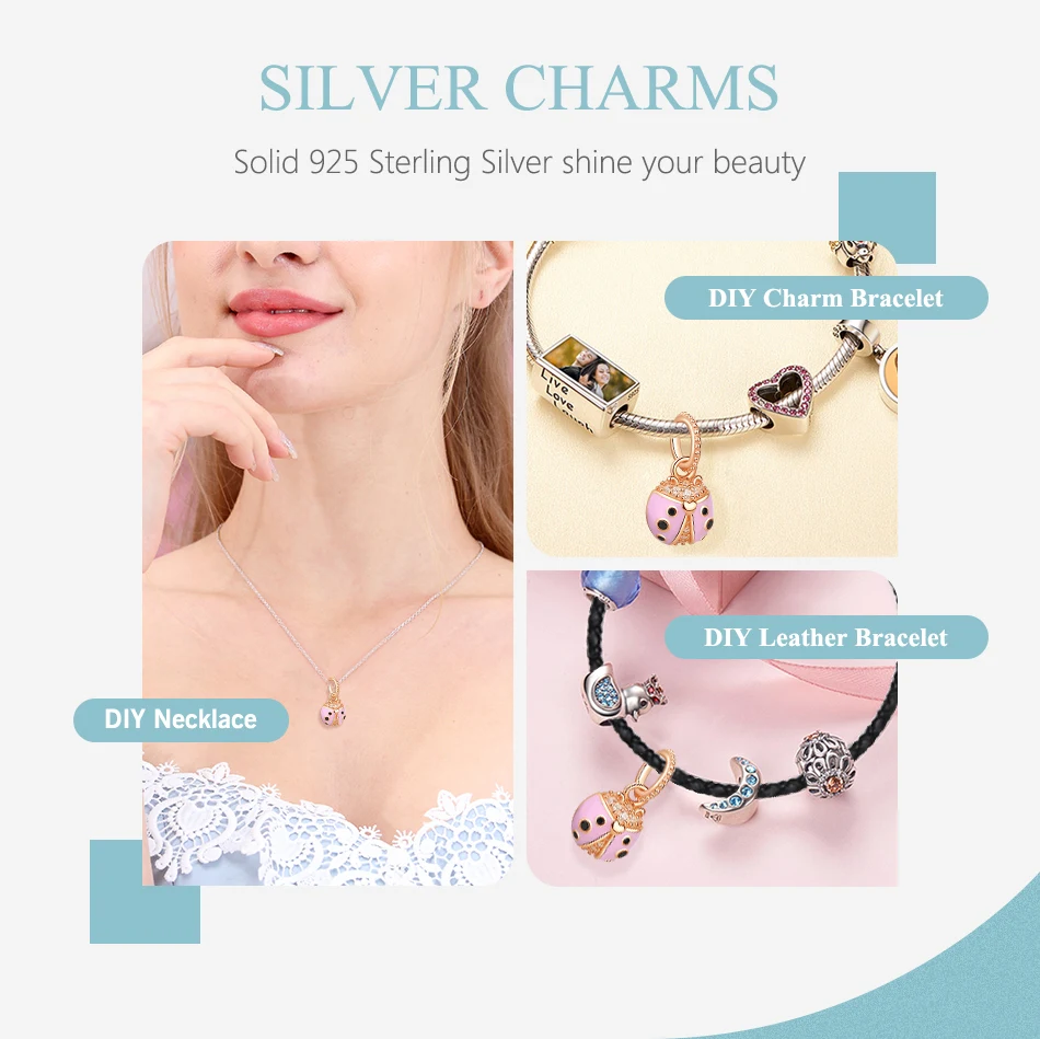 New Original 925 Sterling Silver Bead Rose Gold Ladybird Charm Fit Pandora Bracelet DIY Pink Enamel Ladybug Jewelry Making