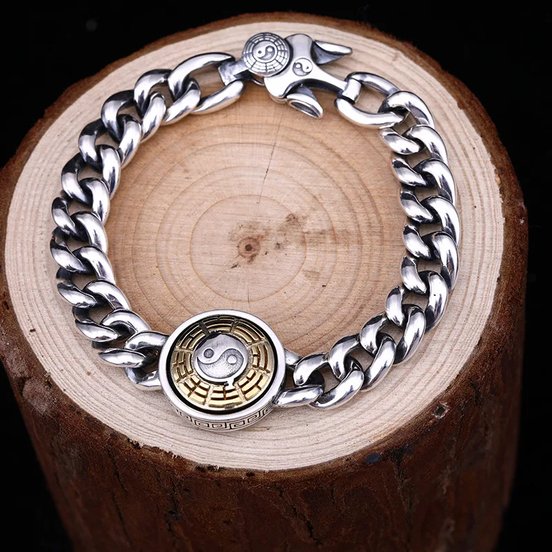 Gossip the eight trigrams bracelet Pure S95 sterling silver chunky cuban chain Spinner tai chi men's Fine Jewelry | Украшения и