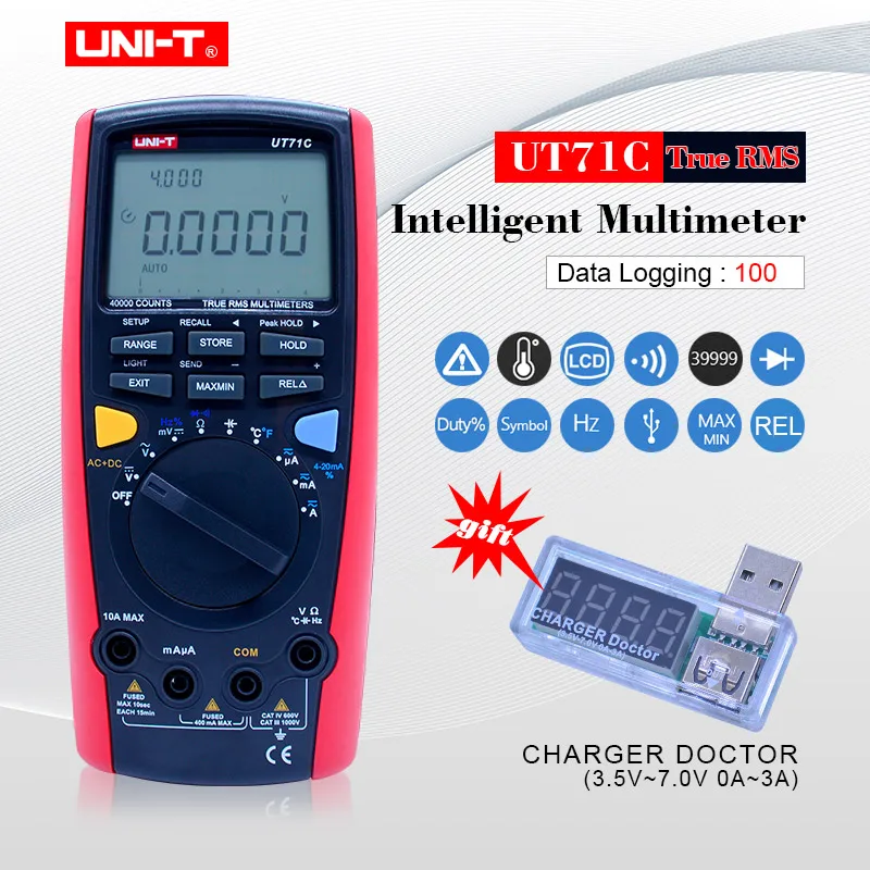 UT71C Цифровой мультиметр UNI-T серии UT71, измеритель температуры переменного тока, постоянного тока, вольтметр, ампер, Ом, измеритель температуры емкости, 40000 отсчетов, точность 0.025 - Цвет: UT71C