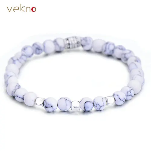 white VEKNO 6 мм Многоцветный эластичный натуральный камень лавы бисер мужской браслет унисекс ювелирные изделия новая мода Йога подарок стрейч браслеты - Окраска металла: white