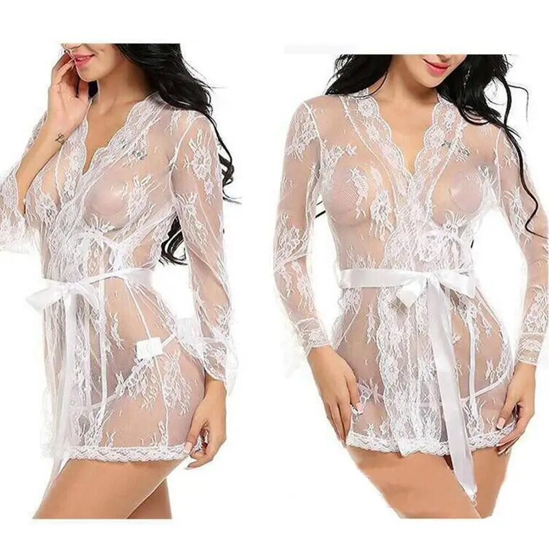 White Женская сексуальная Шелковая пижама Babydoll, Кружевная Сетка, перспективный халат, длинный рукав, v-образный вырез, сплошной цвет, простой тонкий пояс, сексуальная пижама - Цвет: White