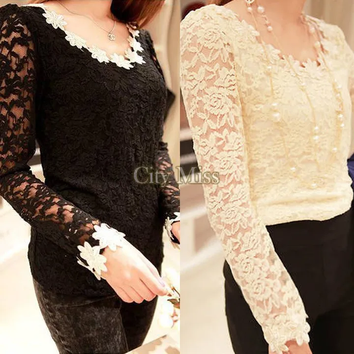 2014 new HOT White/Black/Apricot Women Lace Sleeve Chiffon Blouse Shirt Tops Gorgeous Shirts Long Embroidery B3 SV000718 |