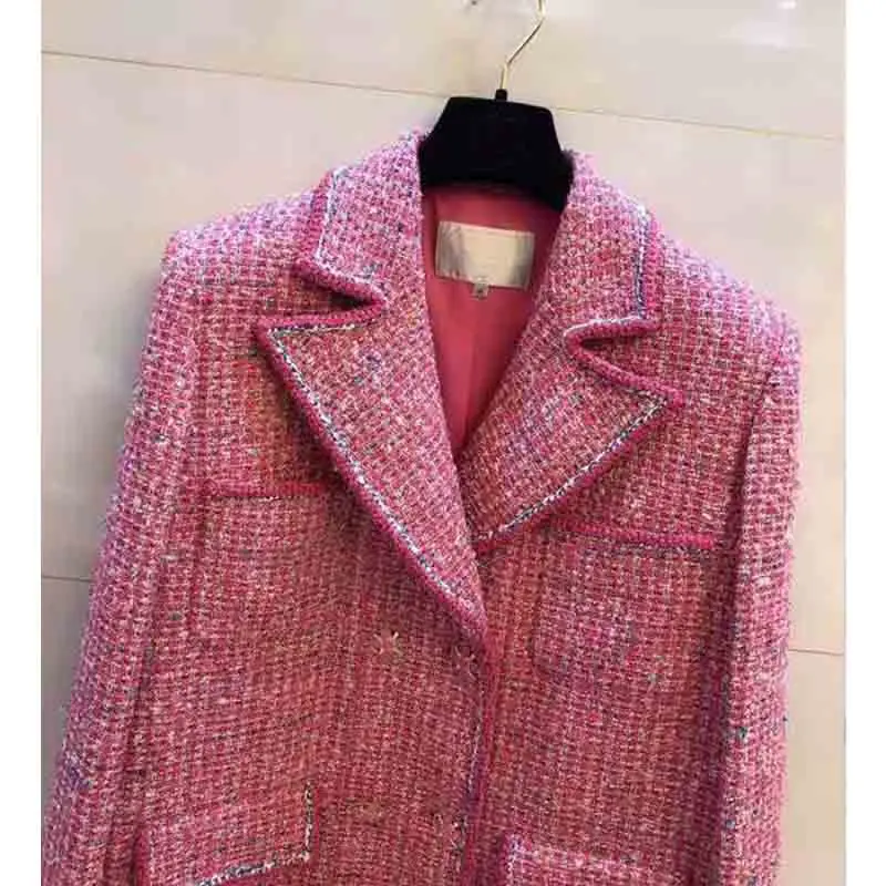 Cosmicchic, розовый твидовый пиджак, двубортный, длинный рукав, воротник с лацканами, куртка для женщин, элегантное пальто, подкладка из шелка, дизайнерский Подиум