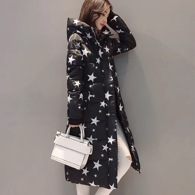 style7 Женское пальто с принтом пятиконечной звезды, куртка средней длины, Женская парка с капюшоном, тонкое зимнее плотное пальто для девушек, теплая верхняя одежда размера плюс - Цвет: style7