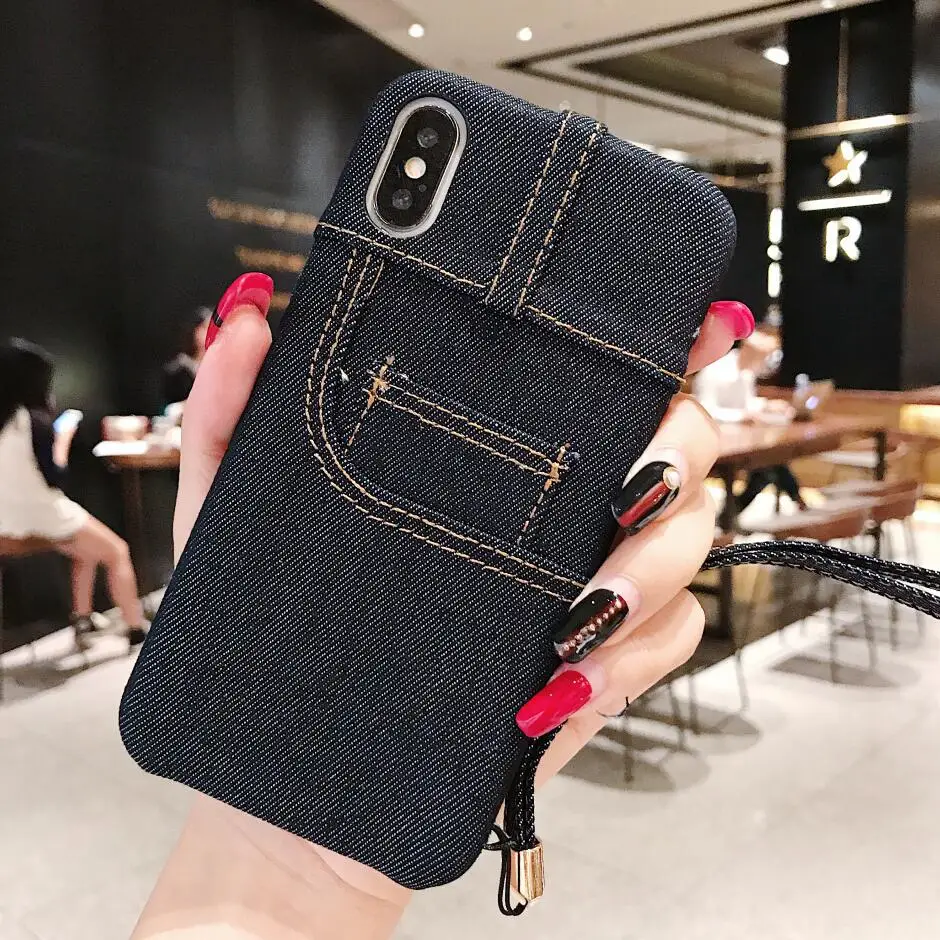 bdNZblue Чехол для телефона джинсовая ткань противоударный для iPhone 7 6 6s 8 Plus X XS Чехлы для MAX XR держатель для карт ракушки задняя крышка с ремешком - Цвет: bdNZblue