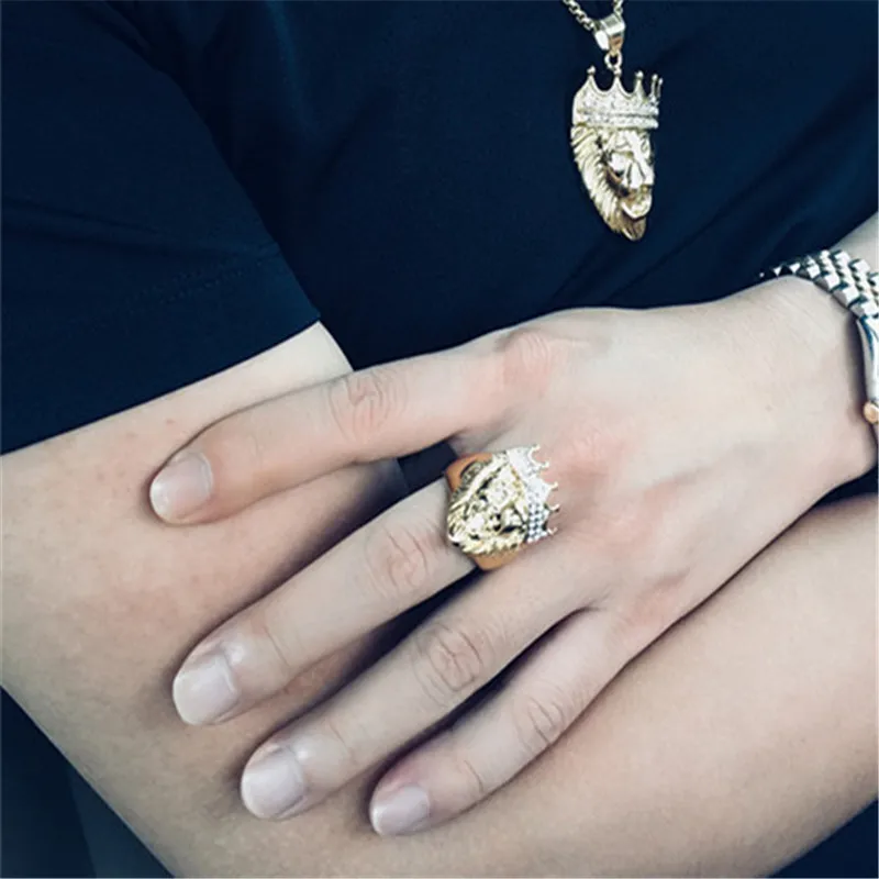 HIP HOP Punk Jewelry Stainless Steel Rhinestone Crown Lion Head Gold Ring For men | Украшения и аксессуары